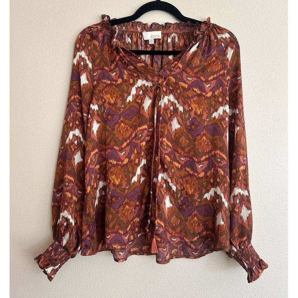 Pinch Ikat Print Blouse XS Ruffled Tassels Boho Paisley Print Y2K Coquette
